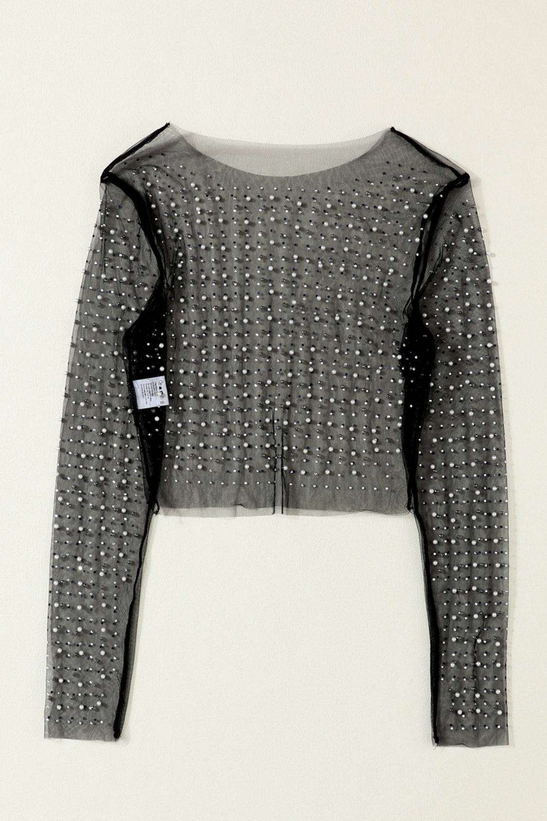 Pearl Long Sleeve Mesh Cropped Top