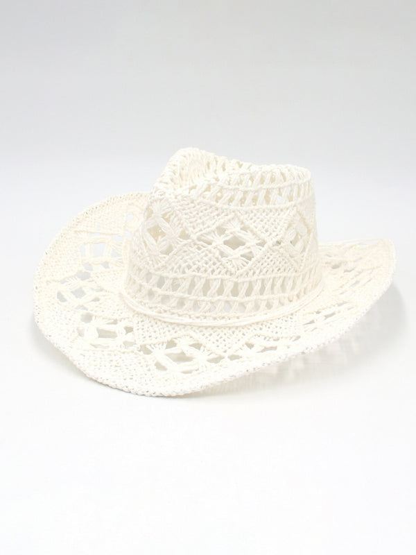 New hollow cowboy hat, hand-knitted straw hat, jazz hat with raised brim