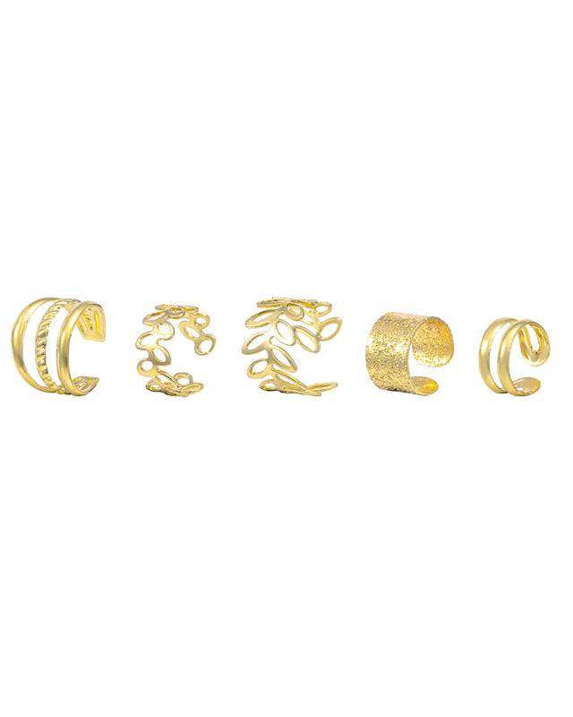 Five-piece set of ear bone clips for non-pierced ears, personalized golden leaf hollow multi-layer earrings