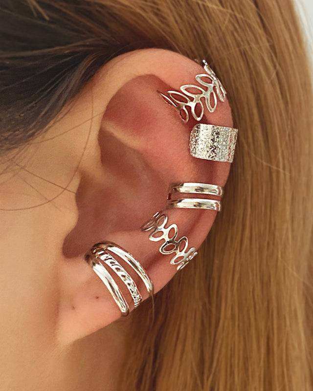 Five-piece set of ear bone clips for non-pierced ears, personalized golden leaf hollow multi-layer earrings