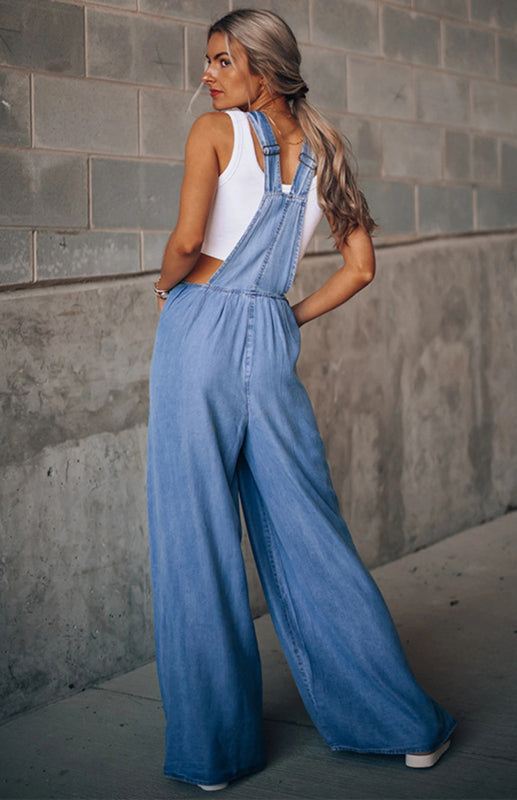 New Women's Solid Color Casual Loose Ripped Denim Overalls