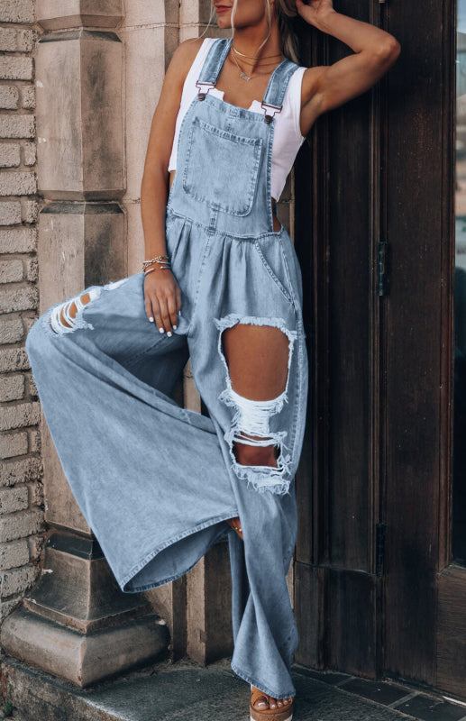 New Women's Solid Color Casual Loose Ripped Denim Overalls