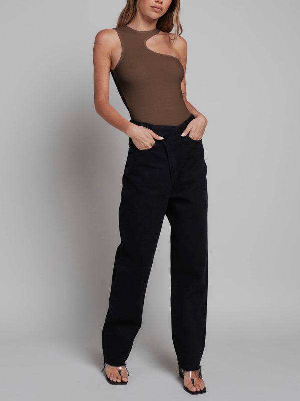 Women's knitted sexy ribbed tight sleeveless hollow all-match jumpsuit