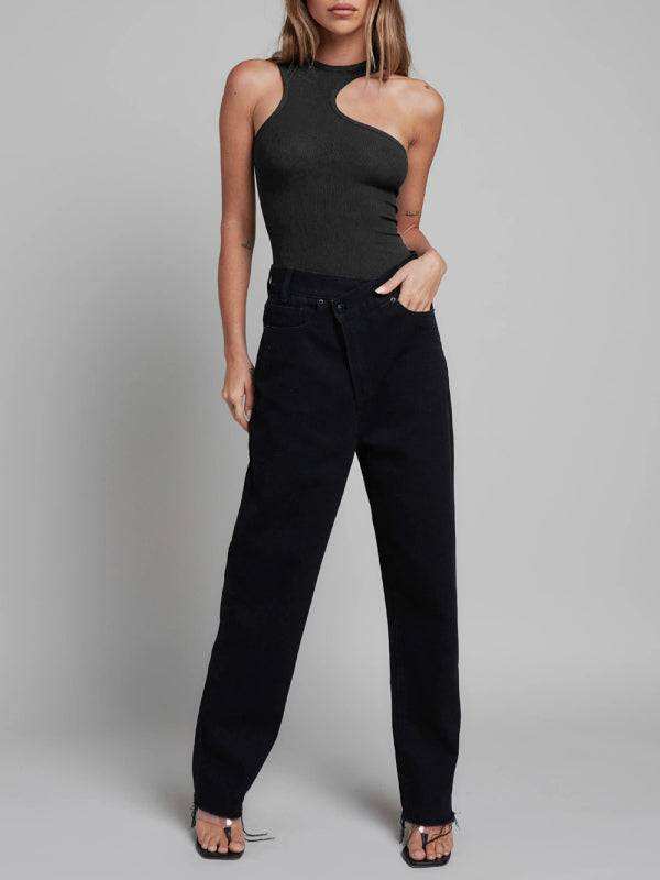 Women's knitted sexy ribbed tight sleeveless hollow all-match jumpsuit