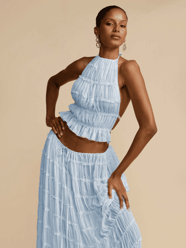Backless lace-up halter top set and two-piece chiffon pleated long skirt with earrings