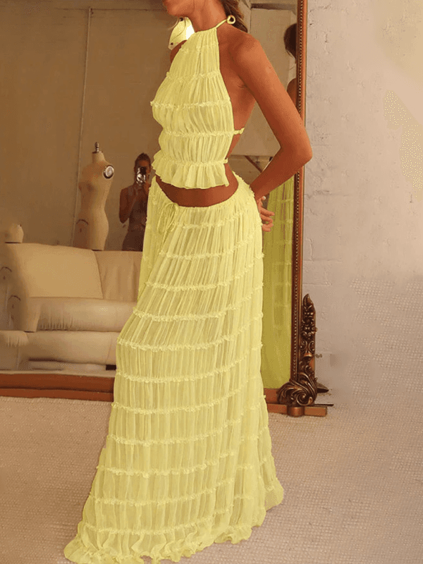 Backless lace-up halter top set and two-piece chiffon pleated long skirt with earrings