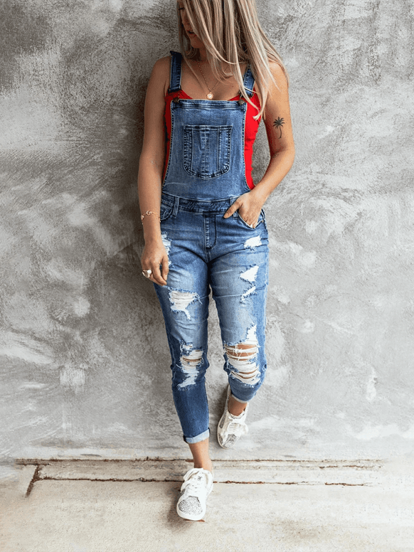 Vintage ripped stretch denim overalls