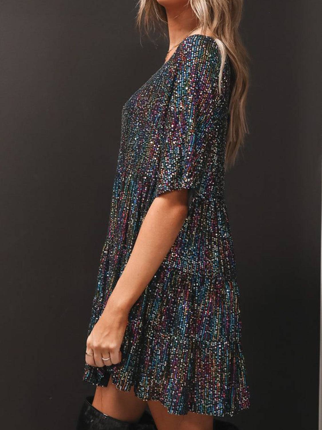 Full Size Sequin Round Neck Half Sleeve Mini Dress