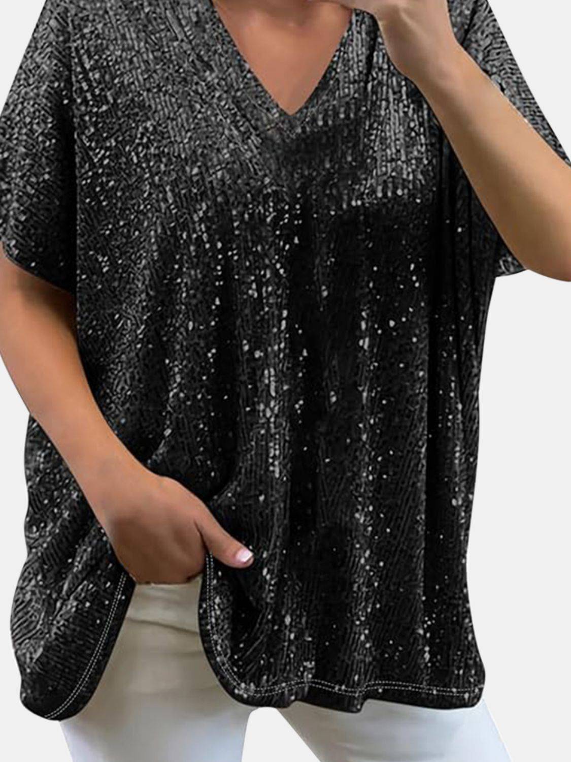 Full Size Sequin V-Neck Short Sleeve Top