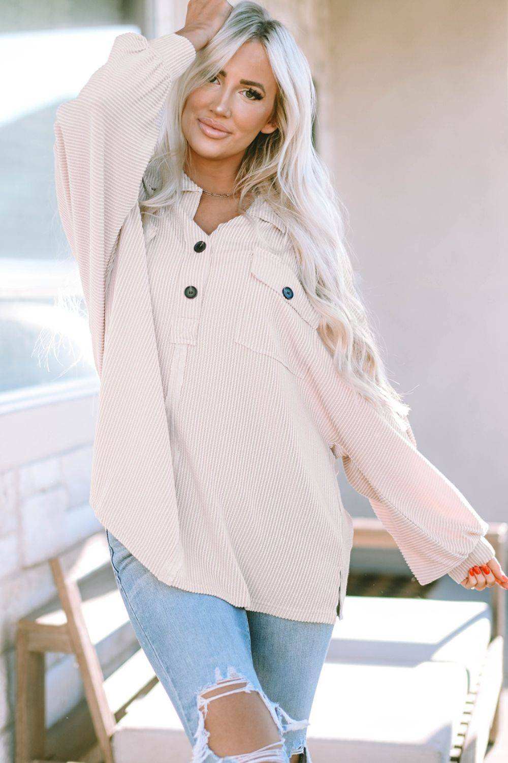 Collared Neck Half Button Long Sleeve Blouse