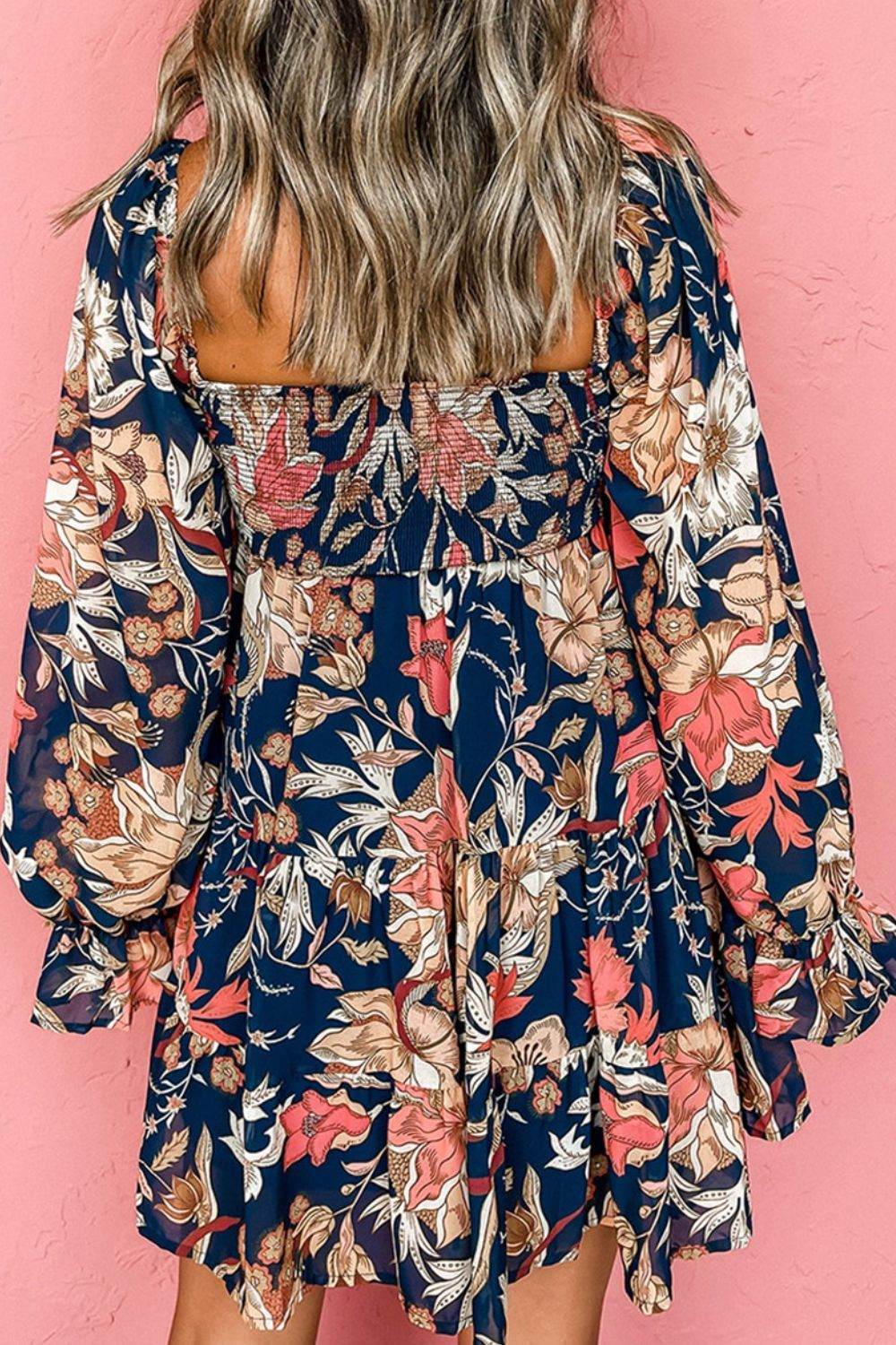  Smocked Printed Long Sleeve Dress