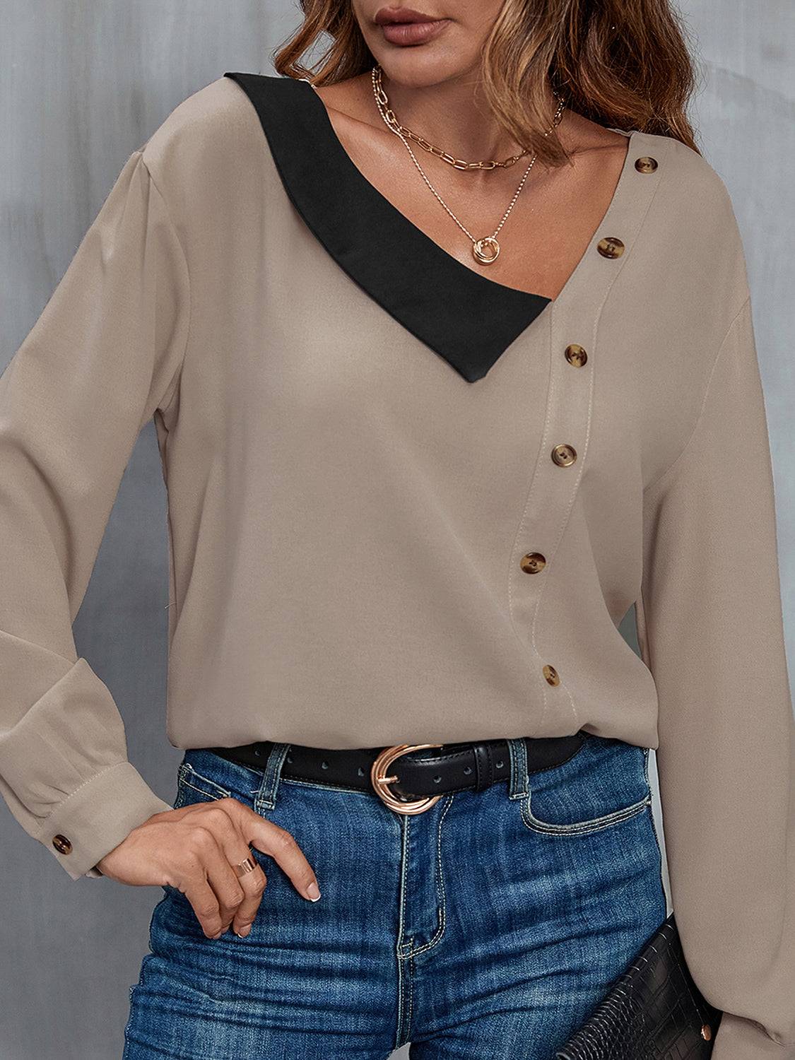 Perfee Asymmetrical Neck Buttoned Long Sleeve Top