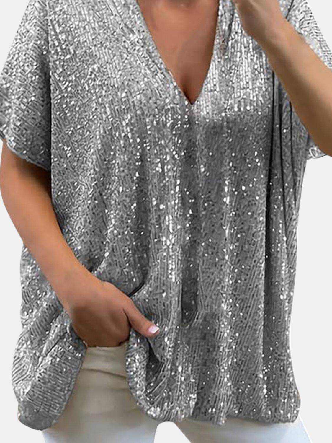 Full Size Sequin V-Neck Short Sleeve Top