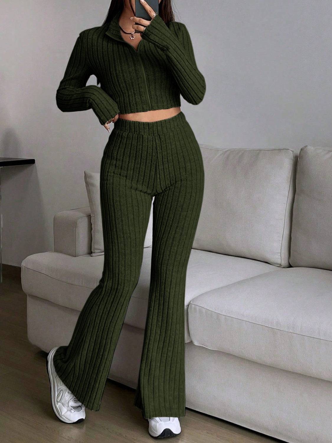 Zip Up Long Sleeve Top and Pants Set