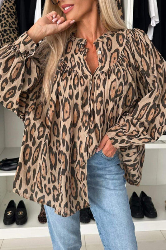 Leopard Notched Long Sleeve Blouse