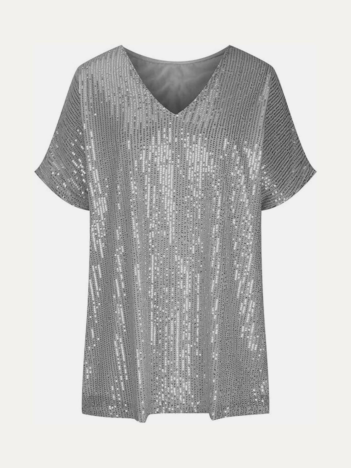 Full Size Sequin V-Neck Short Sleeve Top