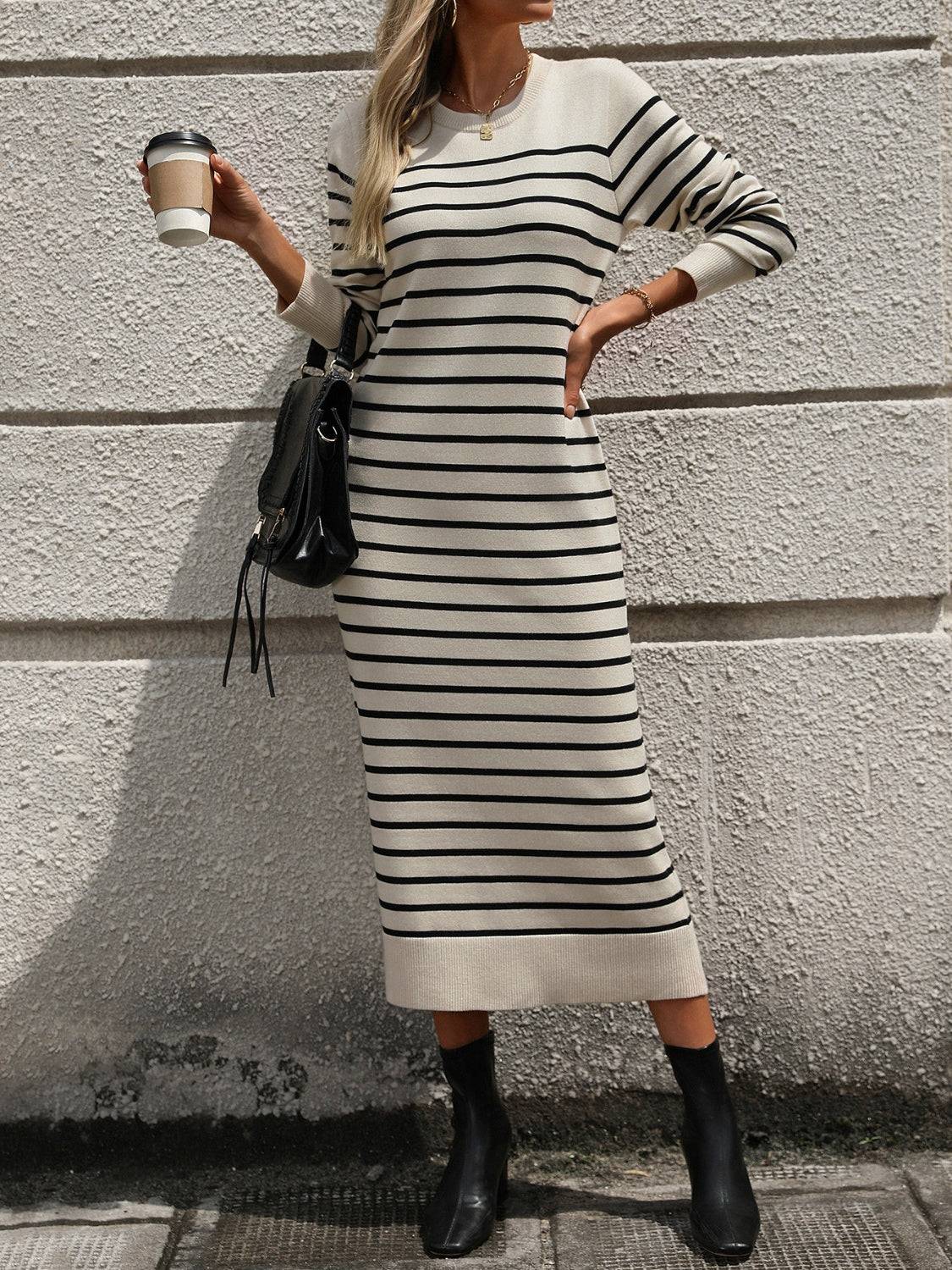 Striped Round Neck Long Sleeve Dress