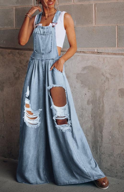 New Women's Solid Color Casual Loose Ripped Denim Overalls