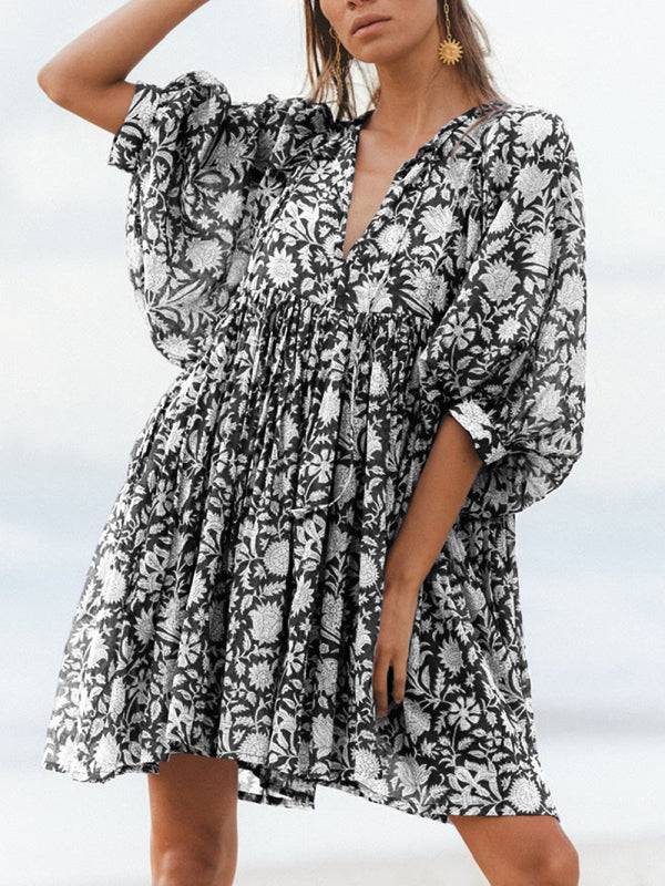 Women's Woven Floral Loose Casual Dress with String