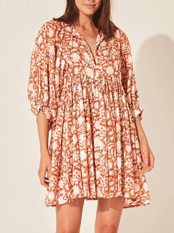 Women's Woven Floral Loose Casual Dress with String