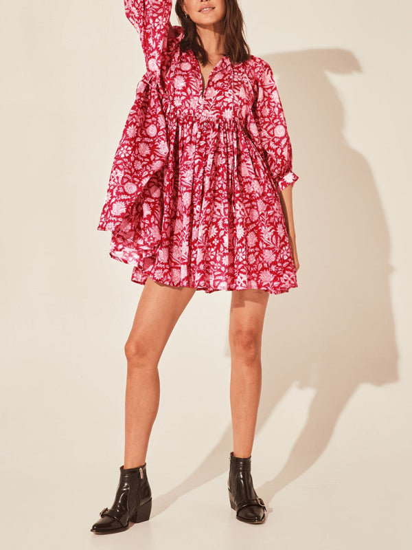 Women's Woven Floral Loose Casual Dress with String